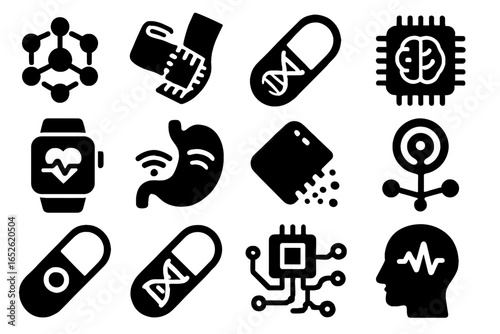 Adaptive biointerface icon chip electronics icons node biofeedback edible gut vector futuristic