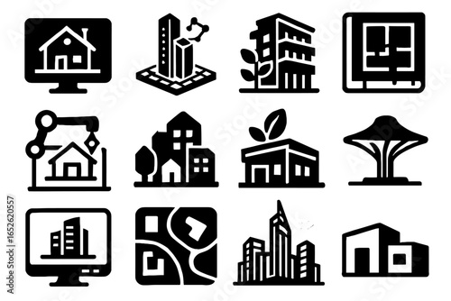 Plan architect pavilion city screen futuristic building view vector icon ai layout