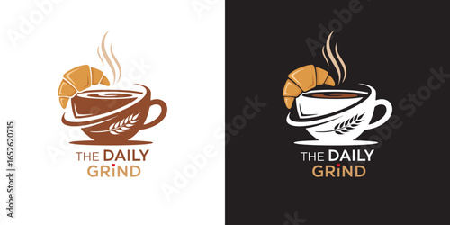 coffe and croissant logo. the daily grind coffe and croissant. Coffe logo vector. croissant and coffe Logo vector. A croissant and coffee cup mug in a classic style.