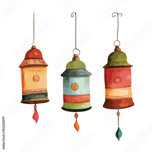 Three Decorative Watercolor Lanterns with Unique Shapes and Colorful Details Hanging