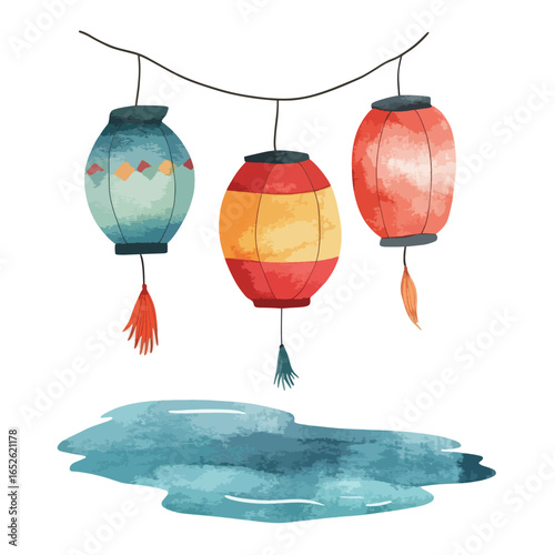 Three hanging watercolor lanterns with orange tassels above a blue puddle