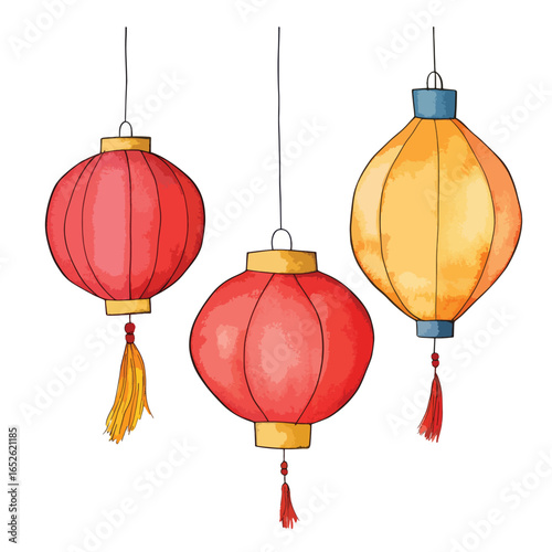 Three hanging Chinese lanterns two red and one yellow with tassels