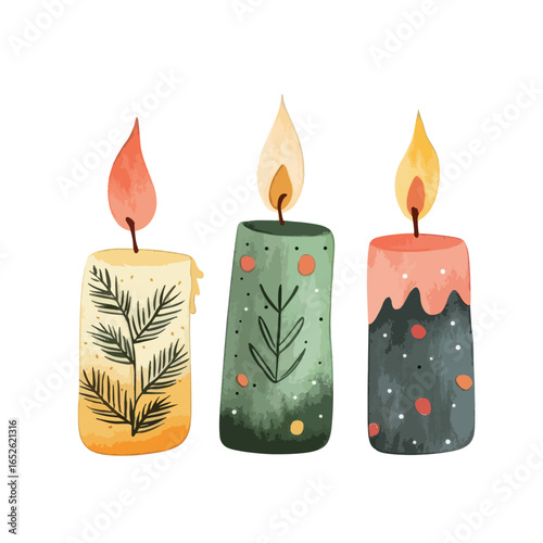 Three stylized candles with unique designs and flickering flames festive and decorative