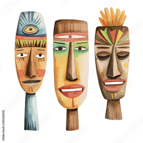 Three stylized tribal masks with unique designs and watercolor textures