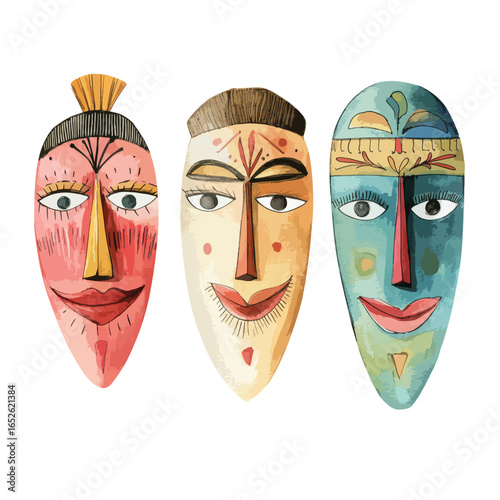 Three Vibrant HandPainted Tribal Masks in a Row