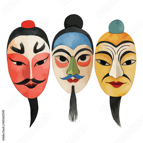 Three Vibrant Watercolor Peking Opera Masks