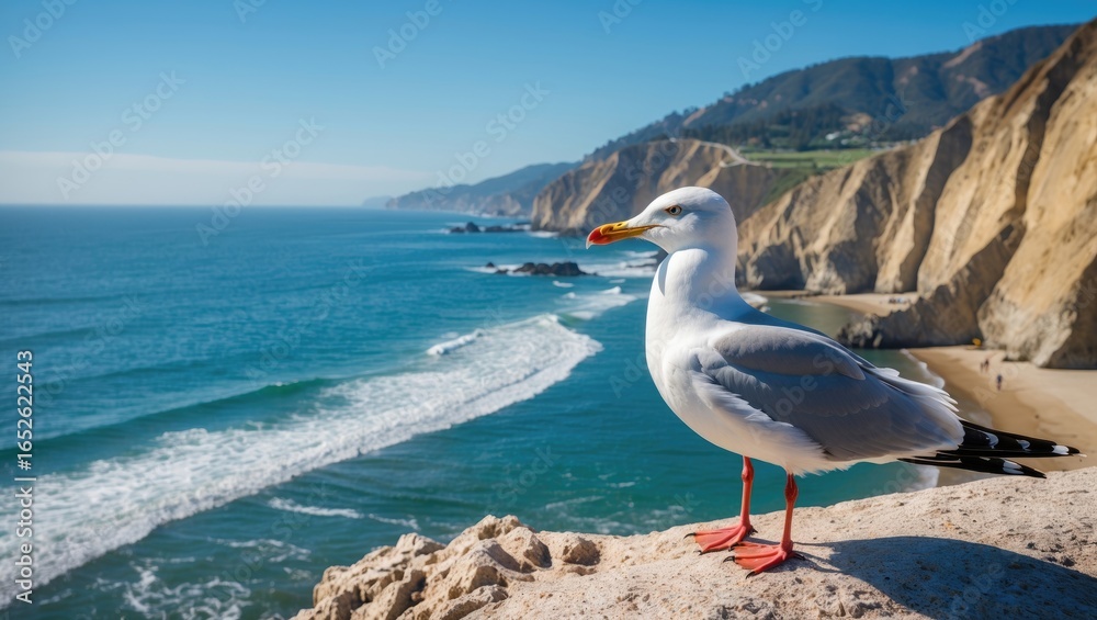 Fototapeta premium Oceanfront view with a seagull flying near the primary route