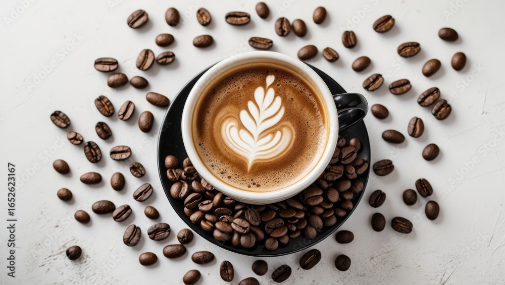 Obraz premium Coffee cup displayed on a white backdrop with surrounding coffee beans