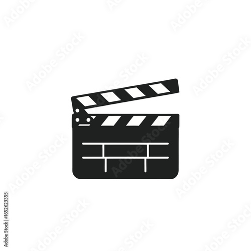 A simple flat vector icon of an open black and white movie clapperboard, a classic symbol for filmmaking and cinema.