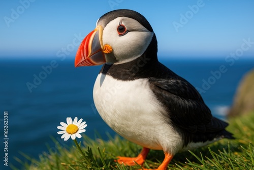 Colorful portrait of a coastal bird featuring an orange beak, set against a clear sky
