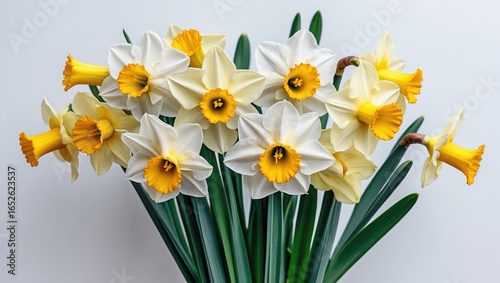 Bright daffodil flowers set against a white background