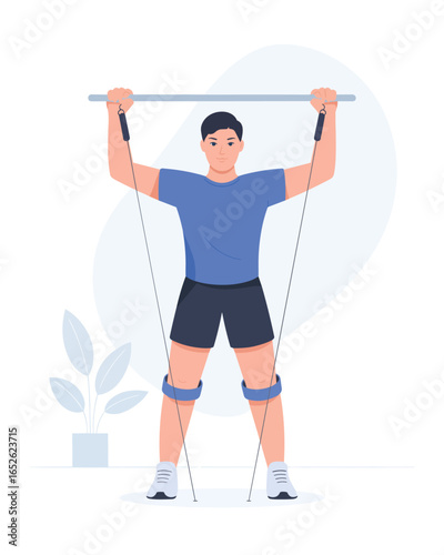 Man performing resistance band workout with upright row exercise