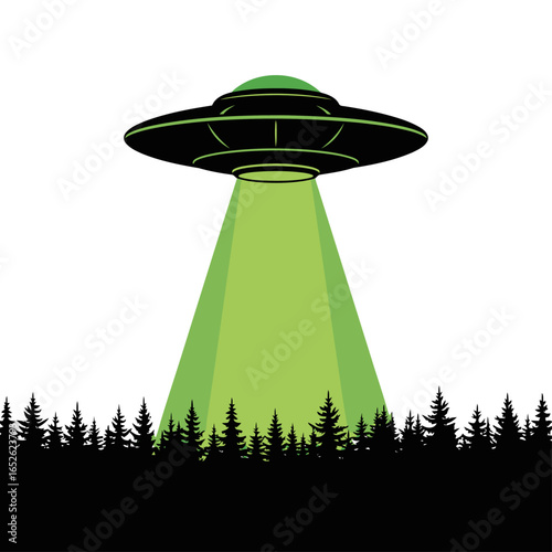 A classic flying saucer UFO shines a green tractor beam down onto a silhouetted pine forest.