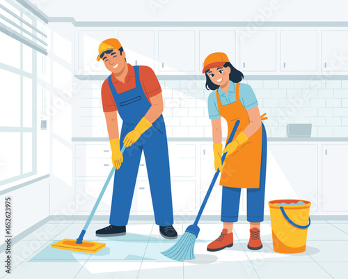 Cleaning Team Vector Illustration of Professionals Working in a Kitchen