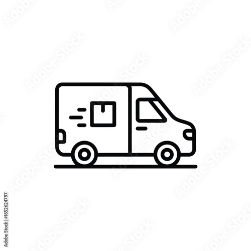 Outline icon of a delivery van with package symbol on white background truck transport
