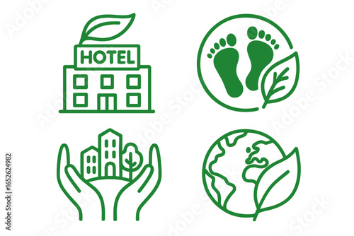 Eco friendly hotel and sustainable tourism icon set. Green symbols for hospitality, urban environment, and ecology. Vector collection of carbon footprint, green city, planet care.