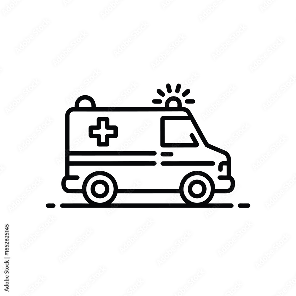 Fototapeta premium Black outline icon of an ambulance with flashing lights on white background medical