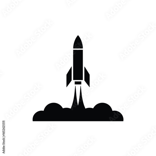 Black silhouette of a rocket launching with smoke trails on a white background spacecraft