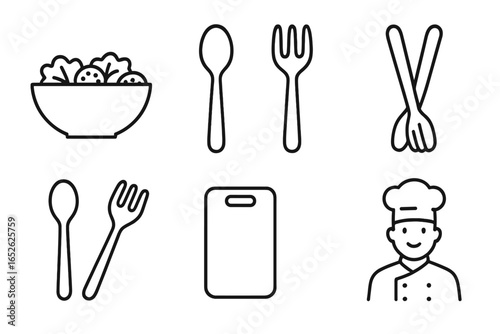 Salad bowl utensil icons set with wooden spoon, fork, tongs, chopping board, and chef outline vector illustration on transparent background