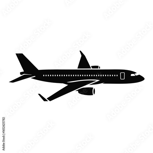 Black silhouette of a passenger airplane in flight on a white background aircraft