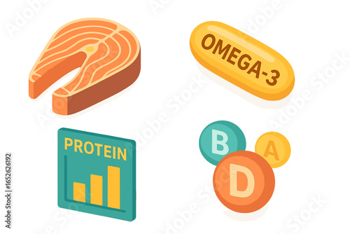 Isometric Salmon Nutrition Icons Set with Omega-3 Capsule, Protein Chart, and Vitamins A B D Symbols, Healthy Food Concept, Flat Vector Illustration on Transparent Background