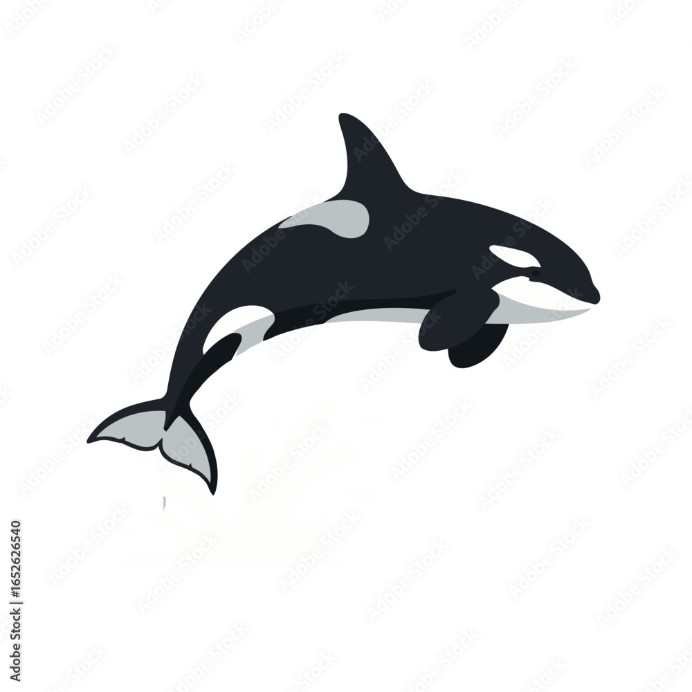 Naklejka premium A simple, stylized illustration of a black and white orca, or killer whale, leaping majestically against an isolated white background.