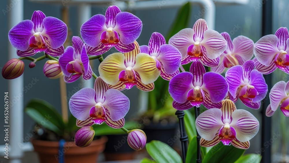 Fototapeta premium Brightly Colored Orchid Flowers Displayed in a Greenhouse
