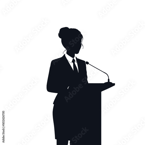 A silhouette of a businesswoman in a suit giving a speech at a podium with a microphone.