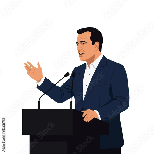 An illustration of a male public speaker in a suit giving a speech from a podium.