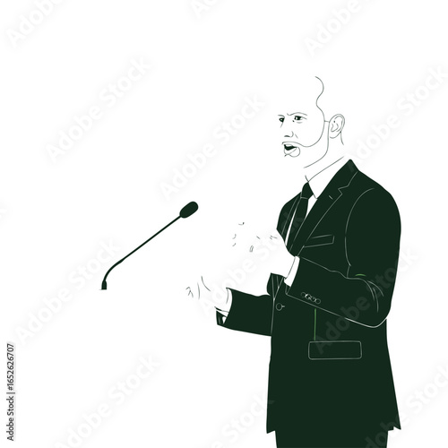 A minimalist line art illustration of a man in a dark suit giving a speech or presentation, speaking into a microphone while holding notes.