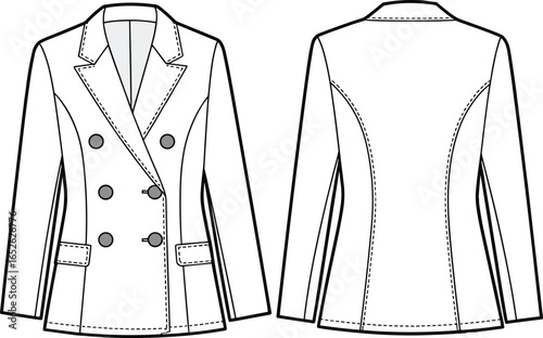 Double breasted women blazer technical flat sketch with notch lapel and button detail, vector front and back fashion illustration