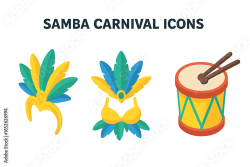 Vibrant Samba Carnival Icons Set, Isometric Flat Vector Illustrations of Feathered Samba Dancer Headdress, Colorful Feathered Costume Top, and Traditional Drum with Sticks on Transparent Background