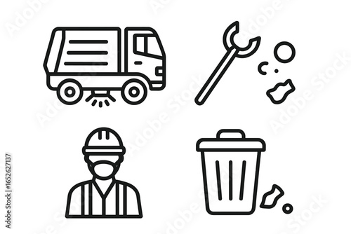Sanitation and Cleanup Icon Set of 4, Street Sweeper Truck, Trash Grabber Tool, Worker in Safety Vest with Mask, Trash Bin, Vector Outline Illustration