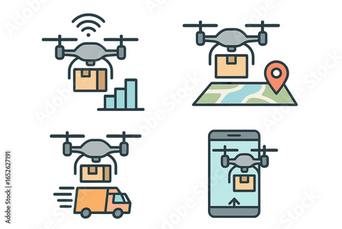 Drone delivery vector icon set for logistics and transportation. Autonomous quadcopter shipping a package. Future technology concept with mobile app control and GPS tracking.