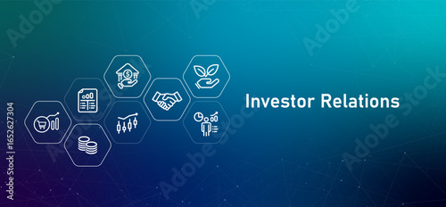 Investor Relations header image graphic features icons related to finance and business report investment opportunity for stakeholders in public listed corporations