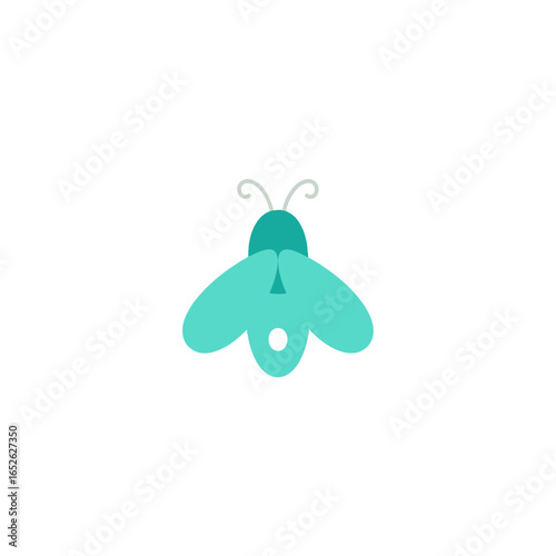 A simple, stylized illustration of a turquoise firefly with a glowing abdomen on a white background.