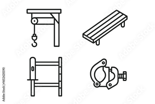 Scaffold Accessories Icon Set of 4, Outline Vector Illustration of Scaffold Modular Accessories and Add-ons including Hoist, Workbench Plank, Clamp, and Ladder Section