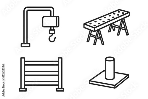 Scaffold modular accessories icon set of 4 including hoist crane, workbench plank with holes, ladder frame, and base plate vector illustration on transparent background