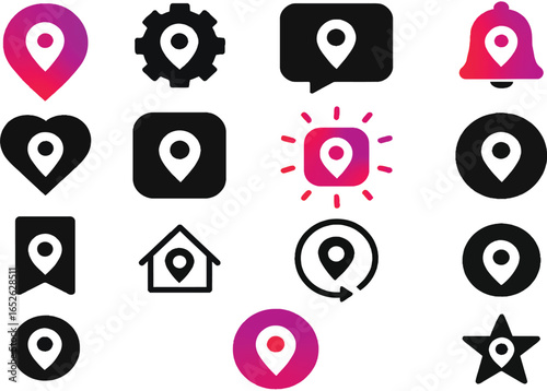 Editable Stroke Location Pin Icon Set – Line Icons in Heart, Gear, Bell, Star, House, and More with Pink and Purple Accents for UI, Navigation, and App Design