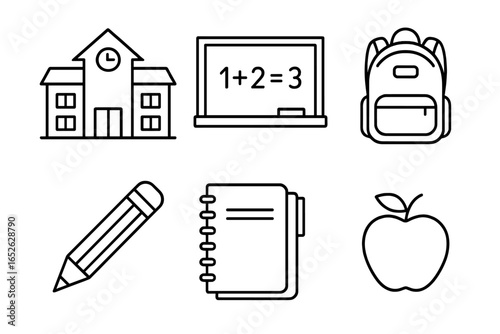School Day Icons Outline Set Including School Building, Chalkboard with Math, Backpack, Pencil, Notebook, and Apple – Vector Education Illustration on Transparent Background