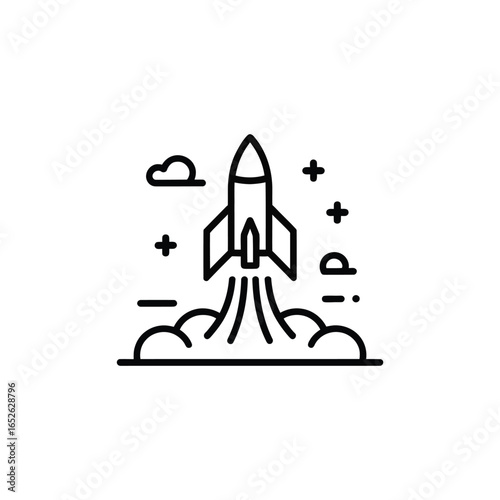 Black and white icon of a rocket launching with clouds and symbols spacecraft space