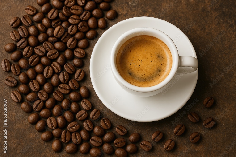 Rich espresso shot accompanied by roasted coffee beans on rustic background Rich espresso shot accompanied by roasted coffee beans on rustic background
