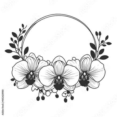 Minimalist black and white orchid flower garland with circular frame, elegant line art on white background