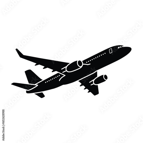 Black silhouette of a passenger airplane in flight against white aircraft airliner