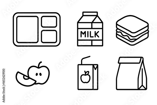 School Lunch Icons Outline Vector Set of Cafeteria Tray, Milk Carton, Sandwich, Apple Slice, Juice Box, and Lunch Bag for Kids and Education
