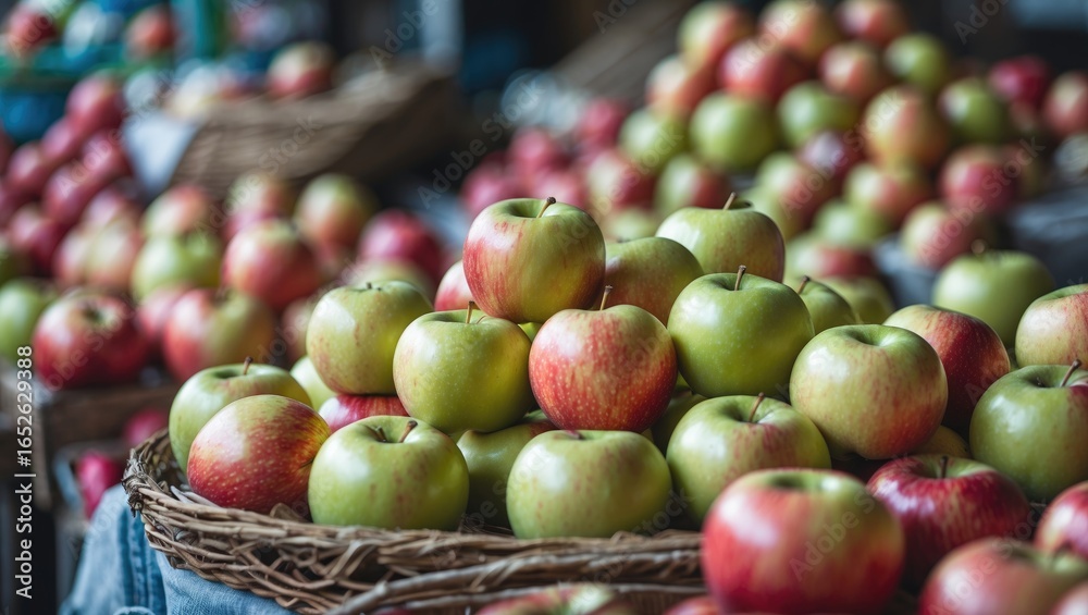 Out-of-focus background showcasing fresh, juicy apples in a market setting Out-of-focus background showcasing fresh, juicy apples in a market setting