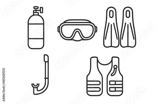Scuba Diving Gear Icons Set, Outline Vector of Diving Equipment Including Scuba Tank, Mask, Fins, Snorkel, and Buoyancy Compensator for Adventure and Water Sports