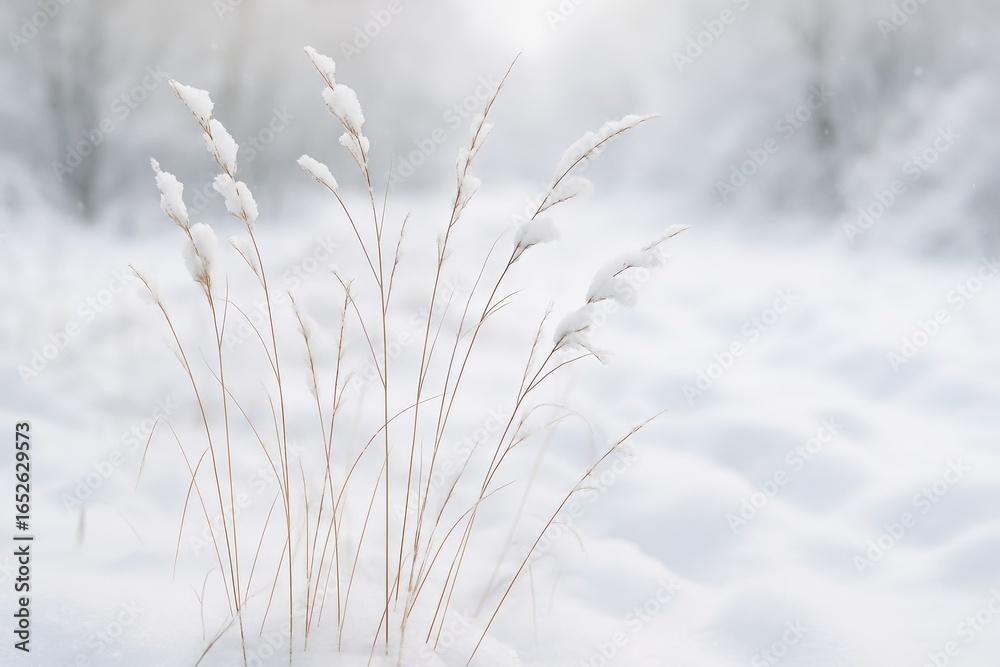 Fototapeta premium Snow-laden dry grass branches in a cold winter setting