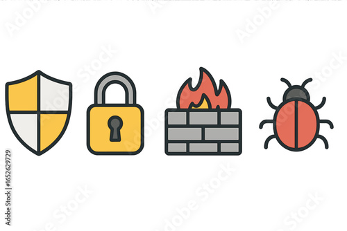 Cyber security icon set with shield, lock, firewall and bug symbols. Data protection, privacy, and antivirus concept. Simple cartoon vector illustration collection on white background.