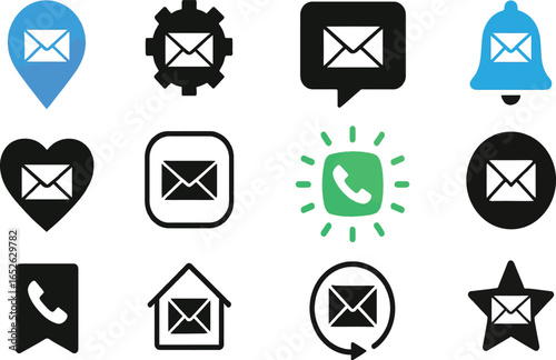 Editable Stroke Communication Icon Set – Line Icons of Envelopes and Phones in Pins, Bells, Hearts, Stars, and More for Notifications, Messaging, and UI Design